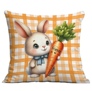 Easter bunny pillow case with orange gingham check and cute rabbit holding a carrot