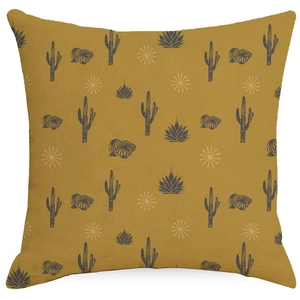 Square yellow cotton linen pillowcase with desert cactus and sun hand-drawn prints