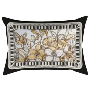 Detail of velvet rectangular pillow with gold floral embroidery and beaded border decor
