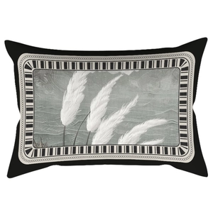 Elegant velvet rectangular pillow with magnolia embroidery and striped border