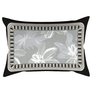 Modern rectangular velvet pillowcase featuring grey floral prints and black striped borders
