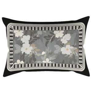 Elegant rectangular sage green velvet pillow with white magnolia floral embroidery detail