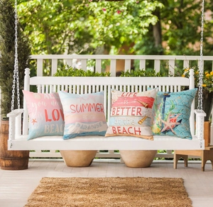 Outdoor patio set of four waterproof linen starfish and seashell theme cushion covers