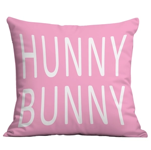 Pink square pillowcase with white Hunny Bunny typography on a minimalist white background