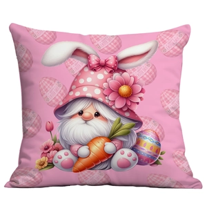 Pink Easter Gnome pillowcase with bunny ears, eggs, and Happy Easter Day quote