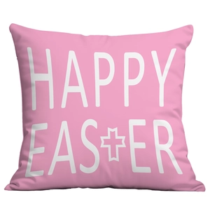 Pink Happy Easter cushion cover with white letter print and cross design for home decor