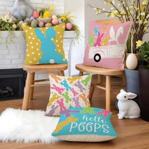 Detailed set of four Easter bunny throw pillow covers with linen texture and vibrant prints