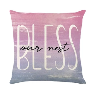Linen pillowcase with spring flowers and 'Bless our nest' text on gradient background