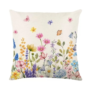 Linen pillowcase featuring watercolor wild flowers and butterfly on off-white fabric