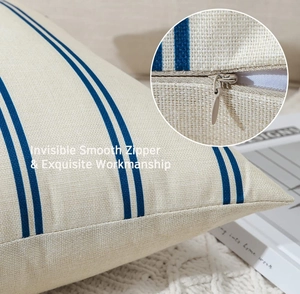 Detail of invisible zipper and striped linen texture on waterproof outdoor pillow cover
