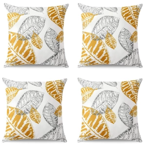 Set of 4 peach skin pillow covers featuring mustard yellow and grey leaf patterns