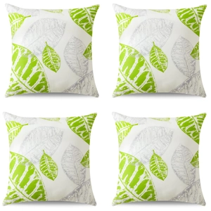 Set of 4 square peach skin pillow covers with green and grey plant leaf patterns