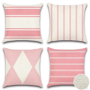 Juego de cuatro fundas de cojín de lino impermeables rosa y beige con diseños geométricos
