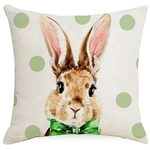 Housse de coussin de Pâques avec motif lapin à l'aquarelle, nœud papillon et pois verts