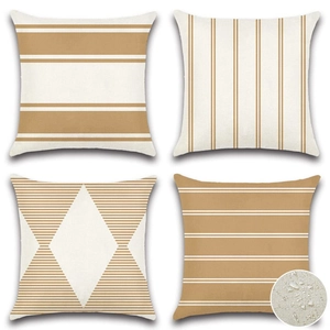 Waterproof linen geometric pillow covers in camel and beige set of four for outdoor furniture