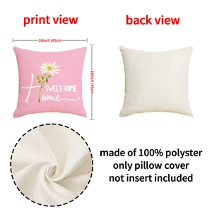 Detail showing 100% polyester fabric texture and sweet home daisy print on cushion cover