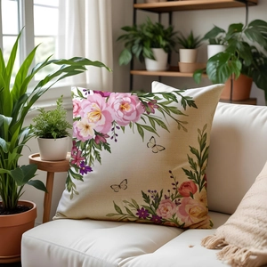 Close-up of floral print linen cushion cover on a sofa surrounded by green indoor plants