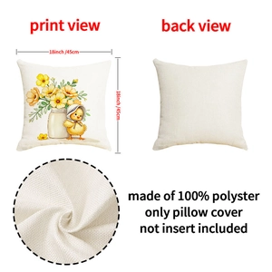 Detail view of linen texture square pillowcase with daisy chick print and 18 inch size