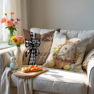 Detailansicht von zwei Oster-Kissenbezügen mit Hasenmotiv und Eiersuche auf weißem Sofa