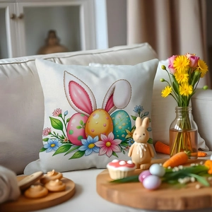 Close-up of Easter cushion cover with bunny ears and floral eggs on a cozy sofa