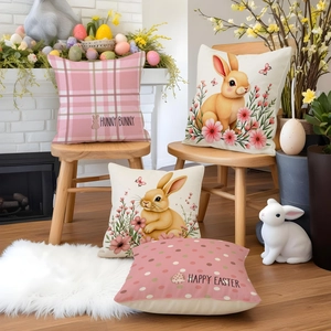 Lot de quatre housses de coussin de Pâques avec motifs lapins et texte Hunny Bunny