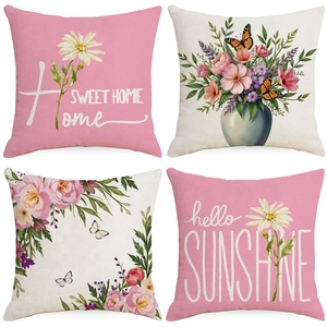 Square Linen Floral Throw Pillow Covers Daisy Butterfly Pattern Decorative Cushion Cases For Home Living Room Sofa Decor