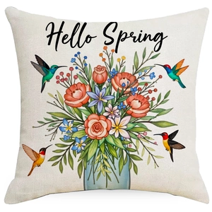 Funda de cojín de lino con flores de primavera y colibríes de colores decorativos