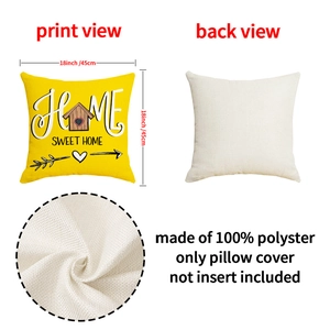 Detail showing 'Home Sweet Home' print on yellow linen pillow cover with back view