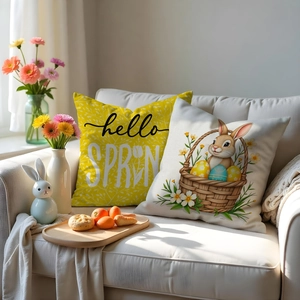 Detail of linen Easter pillow covers with rabbit illustration and hello SPRING text