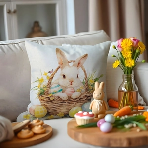 Osterkissenhülle mit vintage Aquarell-Hasenmotiv und Blumen auf Leinenstoff