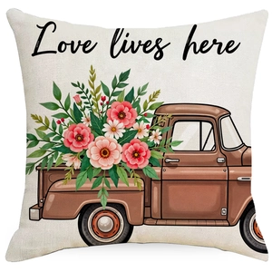 Funda de cojín de lino con camión vintage, flores y texto Love lives here decorativo