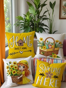 Detail showing set of four floral spring linen pillow covers on white sofa with bright decor