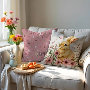Détail de housses de coussin de Pâques avec motifs lapin et fleurs sur un canapé blanc