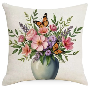 Floral print linen throw pillow case featuring a ceramic vase and butterflies on beige background