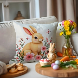 Gros plan d'une housse de coussin de Pâques avec motif lapin et décorations festives