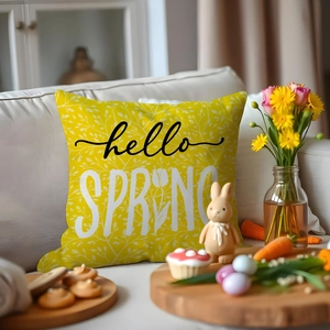 Nordic yellow Easter pillow cover with hello SPRING text and floral patterns on sofa