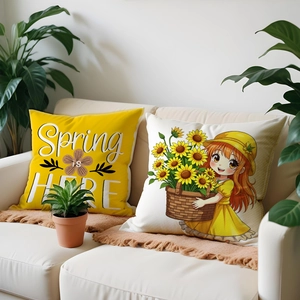 Detailed texture of linen cushion covers with spring floral patterns and sunflower girl