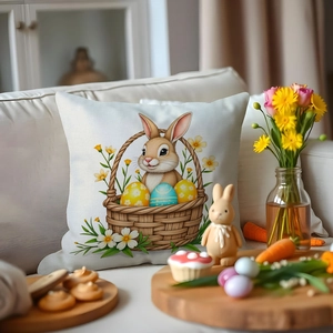 Nordic Easter linen pillowcase with rabbit and egg print on a cozy sofa setting
