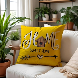 Detail of yellow Home Sweet Home pillowcase with botanical decor on a white sofa