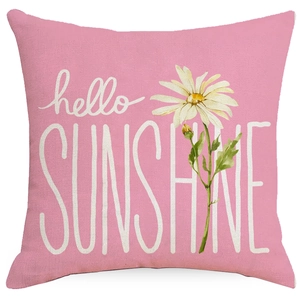 Pink linen floral cushion cover with white daisy and hello SUNSHINE print for home decor