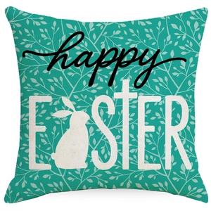 Easter throw pillow case with Happy Easter text and rabbit silhouette on teal leaf background