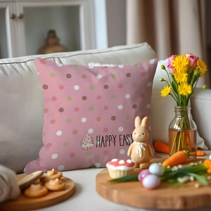 Gros plan du coussin de Pâques rose à pois avec texte Happy Easter sur un canapé blanc