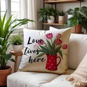 Close-up of floral tulip print throw pillow on a white sofa in a bright living room