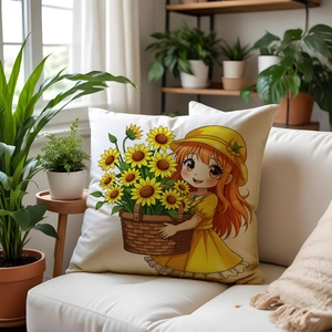 Detailed view of linen cushion cover featuring a girl holding sunflowers on a white sofa