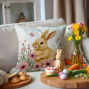 Gros plan de la housse de coussin lapin de Pâques avec imprimé floral et tissu texturé