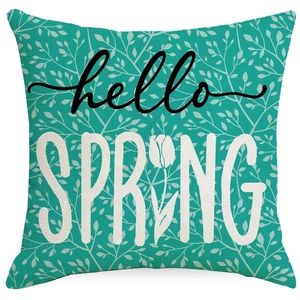 Easter throw pillow cover with hello SPRING text and white floral on turquoise fabric