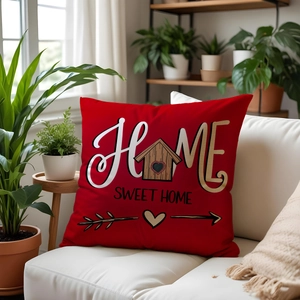 Detail of red pillow with Home Sweet Home text and floral cabin print on a white sofa