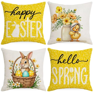 Easter Bunny Linen Pillow Case Happy Easter Hello Spring Decorative Square Cushion Cover For Sofa Living Room Home Decor
