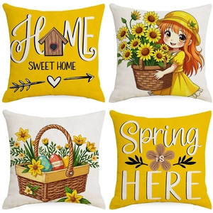 Linen Spring Floral Printed Decorative Pillow Case Home Sweet Home Easter Sunflowers Pattern Sofa Cushion Cover Living Room Decor
