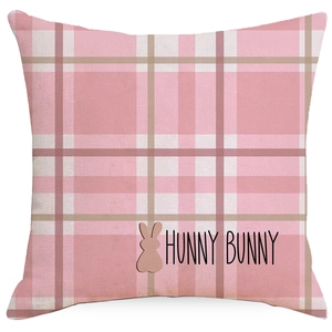Housse de coussin de Pâques à carreaux roses avec texte Hunny Bunny et motif de lapin